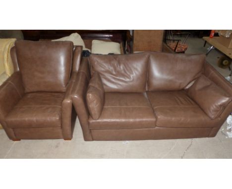 A modern 3 piece suite in brown hide comprising 2 seater settee, armchair and pouffe