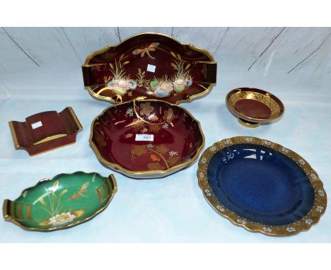 Two Carltonware Rouge Royale dishes decorated with dragonflies, flowers and vines, 11½" & 9"; a similar small pedestal bowl a