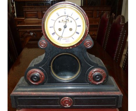 A 19th century French black slate mantel clock, architectural drum top, with variegated red marble mouldings, white enamel di