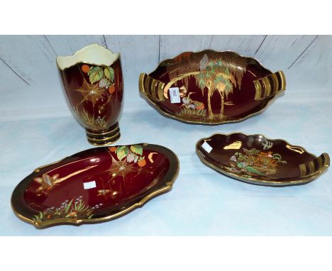 Three Carltonware Rouge Royale dishes decorated with exotic birds, chinoiserie and spider webs, lengths 12", 10" & 8½"; a sim