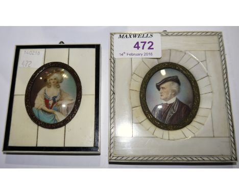 Two early 20th century portrait miniatures depicting a gentleman and lady in 18th century dress, in sectional ivory frames