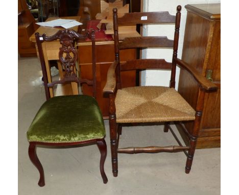 An oak ladder back corner chair; an Edwardian carved mahogany dining chair