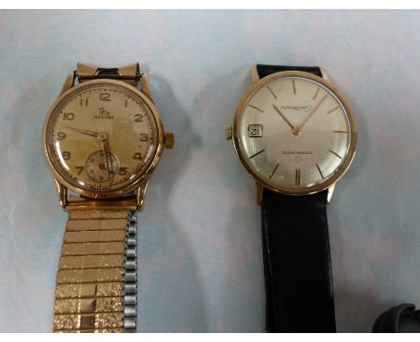 A gent's Record wristwatch with 9 carat hallmarked gold back, Swiss movement and expanding strap, weight of back 3.5 gm; a ge