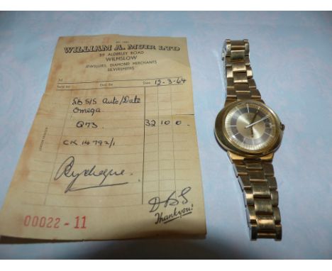 A gents Omega Genève Dynamic gold plated wristwatch with button numerals and date aperture, original receipt dated 12-3-64 (i