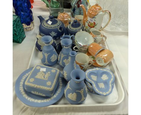 A Wedgwood Jasperware 3 piece tea service; other similar pieces; a jug and bowl; etc.