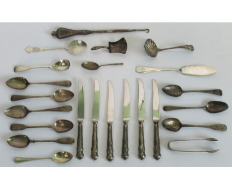 A quantity of silver and white metal items, to include: six silver handled butter knives Sheffield 1940, together with other 