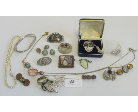 A freestone Cairngorm brooch, a French Guilloche enamel pendant and a quantity of silver, white metal and costume jewellery.