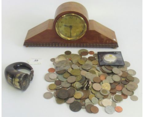 A vintage wooden mantle clock marked 'eight day' to dial, together with a metal mounted horn snuff mull and a small quantity 