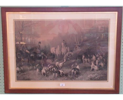 A large framed and glazed print of a hunting scene bearing printed signature, Heywood Hardy to bottom right. 
