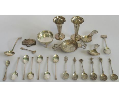 A quantity of assorted hallmarked silver, to include: caddy spoons, pair of small trumpet vases, port decanter label and vari