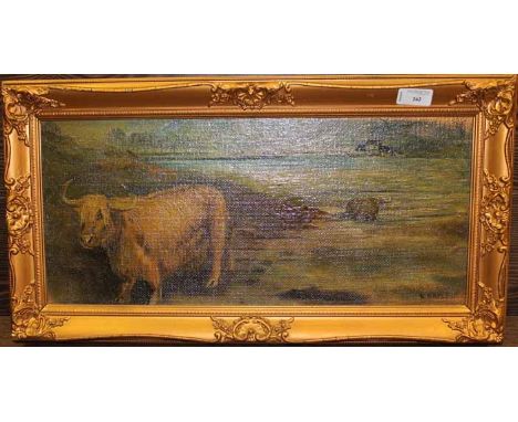 BRITISH SCHOOL (20TH CENTURY),
HIGHLAND COW
oil on canvas board, signed 'K. KRISTI'
22cm x 50cm
Framed
Condition:  good condi