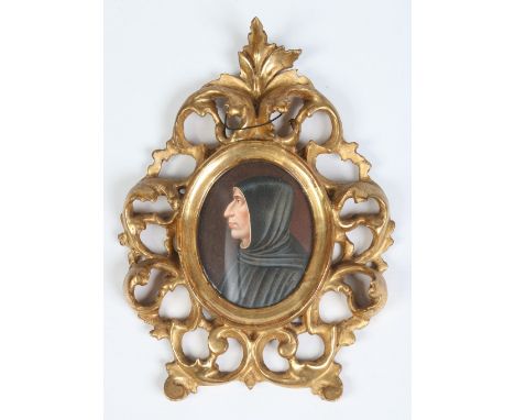 A nineteenth century Italian portrait miniature of Girolamo Savonarola in Florentine frame. Label for Alfredo Candida & Co. v