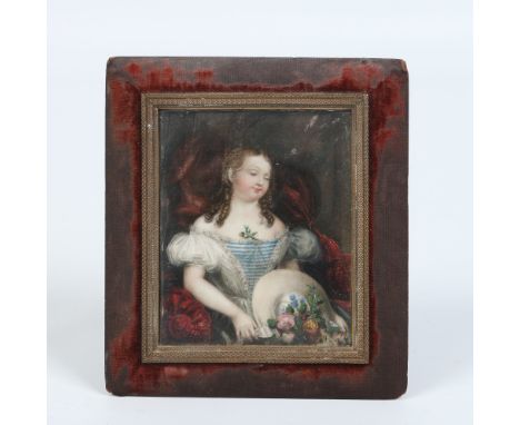 An ivory portrait miniature of a young lady holding her hat and a bouquet of flowers in a velvet mounted strut frame, 17cm. C