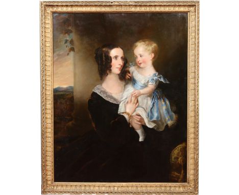 A large early nineteenth century gilt framed oil on canvas. Portrait of a young lady and infant, 110cm x 86cm. Condition Repo
