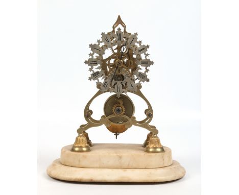 A brass skeleton clock on stepped alabaster plinth. With single fusee movement having anchor escapement and with silvered cha