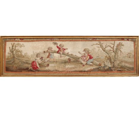 A gilt framed woolwork tapestry. Depicting children in eighteenth century dress playing on a log, 40cm x 151cm. Condition Rep