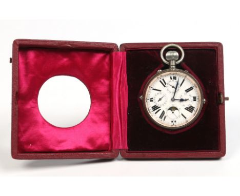 A Goliath multi dial silver plated pocket watch in fitted leather strut case. The enamel dial with Roman numeral markers has 