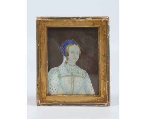 A gilt framed antique ivory portrait miniature of Princess Maria, daughter of King Henry VIII and Catherine of Aragon. 9.25cm