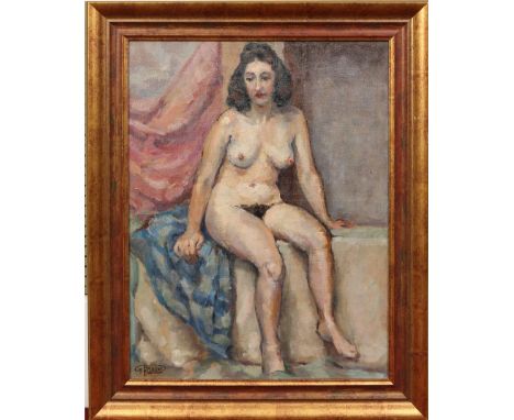 Georges Bresse, mid twentieth century French. Gilt framed oil on canvas. Portrait of a seated nude. Signed, inscribed verso S