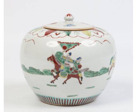 A Chinese onion shaped ginger jar and cover. Painted in coloured enamels with a battle scene. Four character stamped seal mar