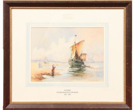 Johann Barthold Jongkind, gilt framed watercolour coastal seascape off Antwerp with fishing boats and figures. Signed, 21cm x
