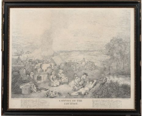 After Antoine Watteau pair of eighteenth century engravings by Cladue Du Bost in ebonized parcel gilt frames 'convoy of the e