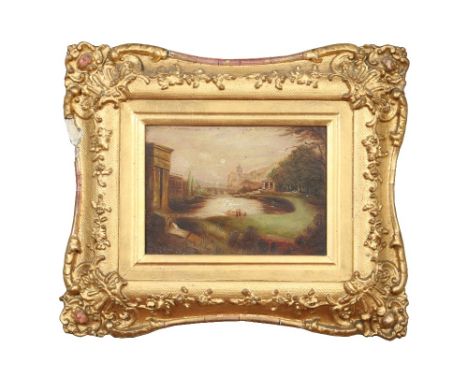 Follower of Joseph Mallord William Turner. A small nineteenth century gilt framed oil on panel. Landscape scene with a settin