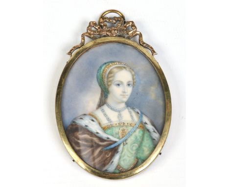 An early twentieth century ivory portrait miniature in gilt metal frame. Depicting a sixteenth century Courtier, 8.5cm x 5.75