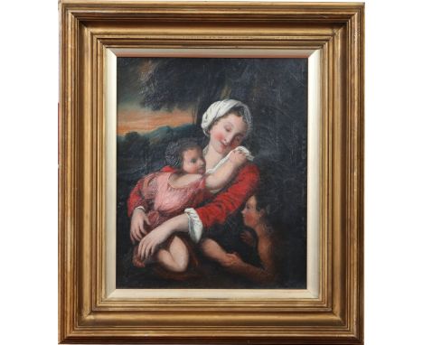 Nineteenth century Italian school. Gilt framed oil on canvas. Portrait of a mother and her children, 40cm x 33cm. Condition R