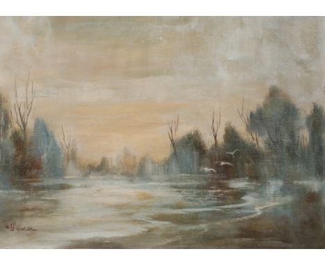 Style of Phillip Wilson Steer. Small oil on panel. River landscape with birds in flight. Signed A W. Steer. Inscribed verso: 