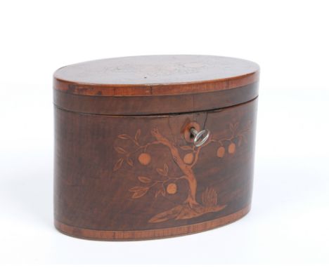 A Georgian mahogany oval tea caddy. Banded in satinwood and with marquetry inlay depicting a basket of fruit to the cover and