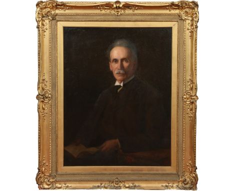 A large Edwardian gilt framed oil on canvas. Half length portrait of a seated gentleman. Label verso for Doig, Wilson & Wheat