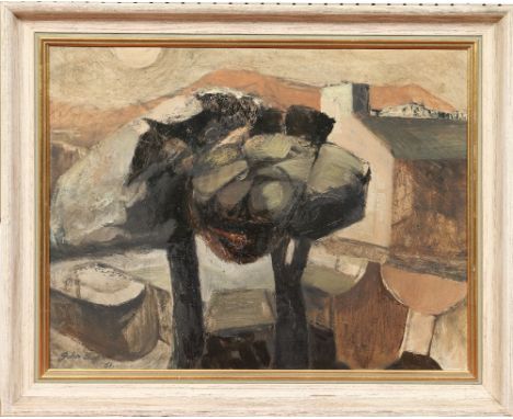 John Bunch framed abstract oil on panel. Evening landscape with trees and a cottage. Signed and dated 61. Condition Report. T