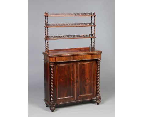 A Victorian rosewood single drawer chiffonier with a three tier book shelf top raised on barley twist supports, 155cm. Condit