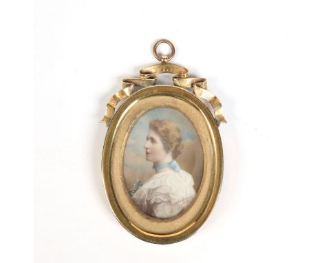 A Victorian ivory portrait miniature of a lady in gilt brass frame having scroll capital inscribed M. L. W, 15th April, 1895,