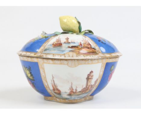 A Dresden large quatrefoil bowl by Helena Wolfsohn. With lemon shaped finial, gitterwerk bands, alternating blue ground panel