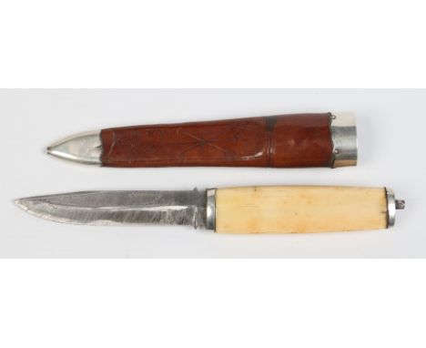 A nineteenth century Norwegian hunting knife. With carved marine ivory grip and leather sheath with white metal mounts. Blade