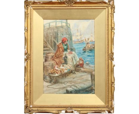 Arthur David McCormick R. I. (1860-1943). Gilt framed watercolour of a gypsy girl in pensive thought seated on the dockside. 