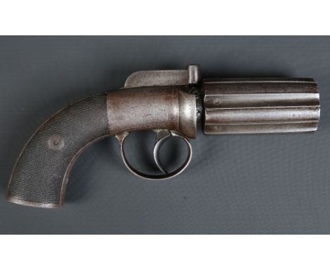 A nineteenth century six shot pepperbox revolver. Self cocking with bar hammer, with fluted barrel group having London proof 