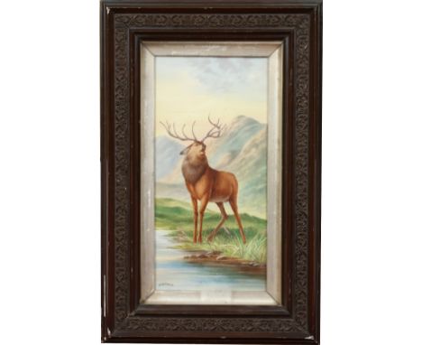 English school A. Williams framed porcelain tile. Painted with a stag in a highland landscape. Signed, 30.5cm x 15.5cm. Condi