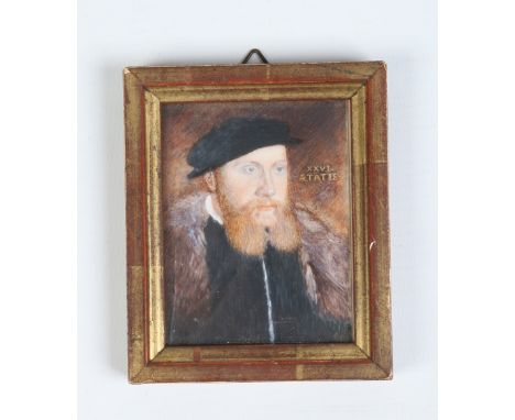 After John Bettes (active 1531-1570) a nineteenth century gilt framed ivory portrait miniature, man in a black cap, the origi