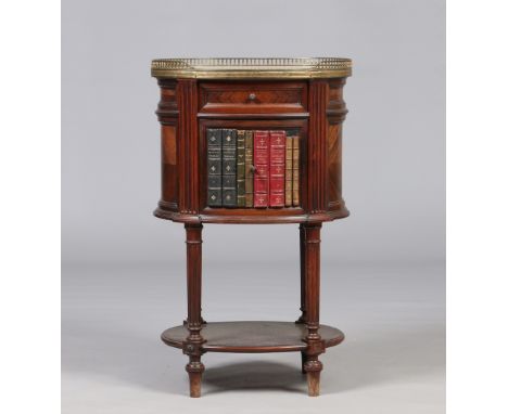 A nineteenth century French kingwood single drawer bedside cabinet of ovoid form. With brass gallery and faux marble top, hav