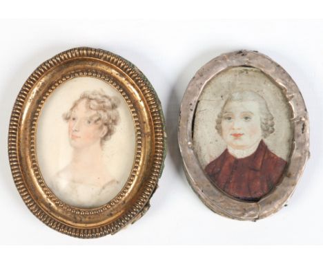 A nineteenth century ivory portrait miniature of a young woman in gilt metal frame and another portrait of a gentleman in lat