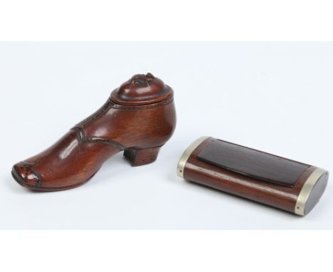 A nineteenth century novelty carved hardwood snuff box modelled in the form of a boot and another white metal mounted snuff b