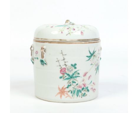 A Chinese cylindrical ginger jar and cover with bamboo moulding and decorated in famille vert enamels with flowers. Rubber st