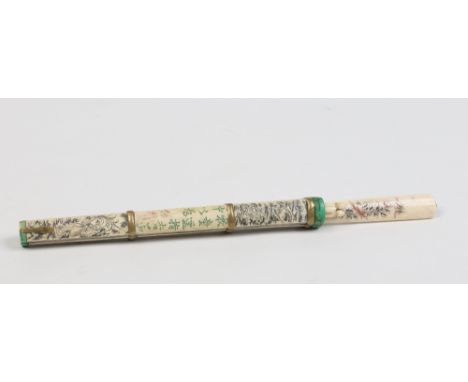A Chinese carved bone cased chopstick eating set with penwork decoration, 29.5cm. Condition Report. To be used as a guide onl