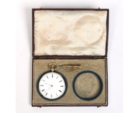 A nineteenth century Swiss 18 carat gold open face slim pocket watch quarter striking on two coiled gongs, with button repeat