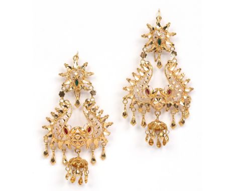 A pair of high carat gold Indian openwork earrings with green and red enamel detail, total 11.43 grams. Condition Report. To 