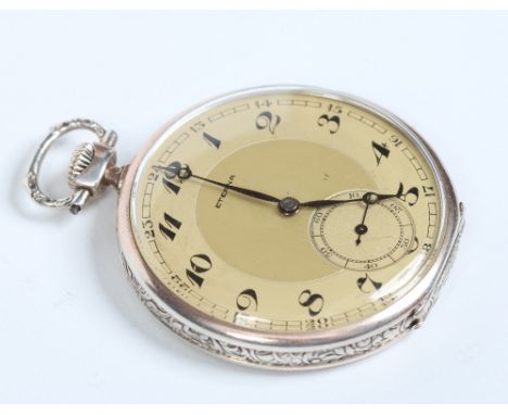 An Eterna silver cased pocket watch. With champaign dial having Arabic numeral markers and subsidiary seconds, case stamped 8