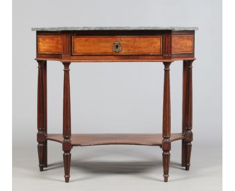 A walnut two tier marble top console table with a central drawer and two small side drawers all oak lined. With ebonized band